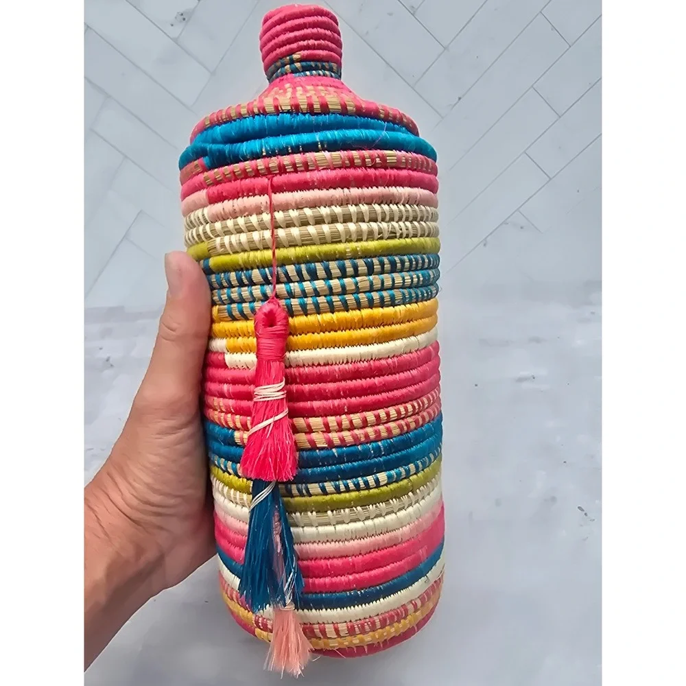 Handcrafted Rwanda Woven Basket Vase with Lid Tassel and Glass Insert Multicolor